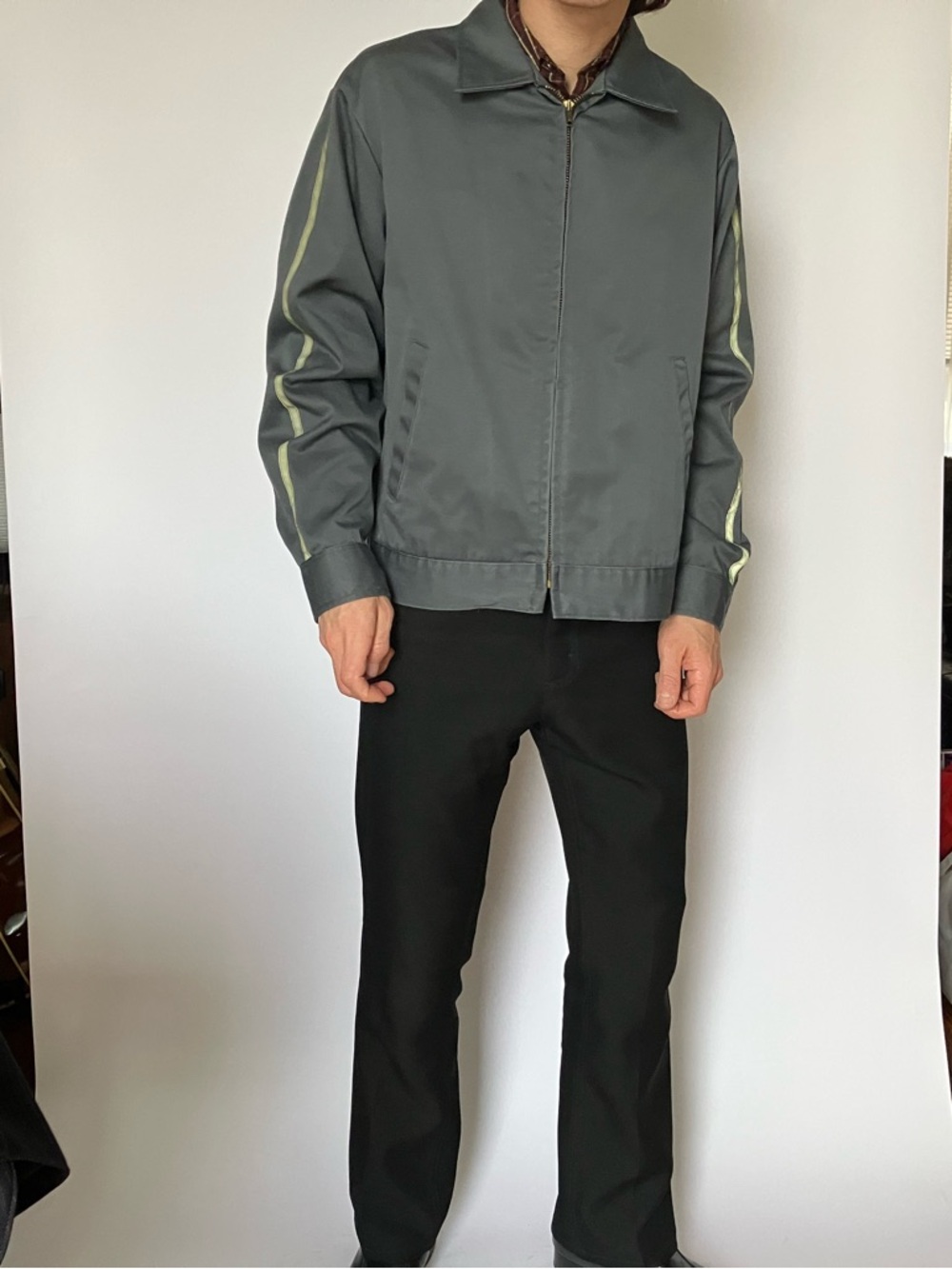Lee Men's Gray Zip-Front Jacket with Contrast/Fluorescent Sleeve Stripe. Size 42